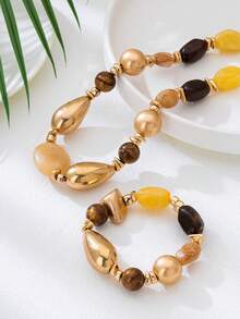 2 Pieces Set Of Vintage Thick Resin Luxury Luxury Luxury Gold Beeswax Colored Multi Colored Bead Necklace And Bracelet, Suitable For Women's Daily Wear And Bohemian Retro Style