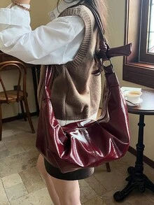 Burgundy Vintage Oiled Wax Leather Shiny PU Leather Pleated Shoulder Bag, Casual Versatile Women's Crossbody Bag, Large Capacity, Suitable For Daily, Commuting, Dating, Shopping, Crescent-Shaped