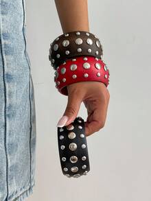 1 pieza Brazalete de madera con remache redondo de arco geométrico bohemio, joyería versátil elegante y casual para uso diario, fiesta y vacaciones como regalo para mujeres (las pequeñas imperfecciones y variaciones de color en el brazalete de madera son normales)