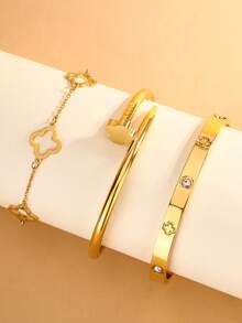 1 Set Minimalist & Elegant Stainless Steel Chain Bracelet & Bangle Decorated With Clover Element & Crystal Glass, Suitable For Women To Wear At Banquet, Daily Fashion, Commuting Or As Festival Gift