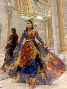 女式立领随机印花撞色、独特袖子、系腰带优雅长袖连衣裙 - 彩色 - 查看 4