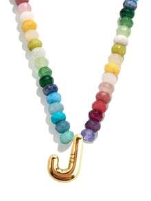 1pc Bohemian Style Colorful Natural Stone Beaded 26 Letter Copper Pendant Necklace, Suitable For Daily, Vacation, Travel, Casual Wear, Fashion Jewelry Gift For Family And Friends