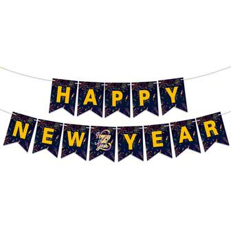 新年快乐横幅黑色彩旗配金色字母，适合 2026 年新年派对供应商除夕派对装饰品