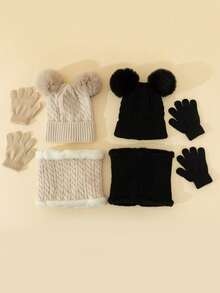 3pcs/Set Toddler/Infant Knitted Hat + Scarf + Gloves Set, Thick Cable Knit Pom Pom Hat, Scarf, Gloves, Warm Winter Knitted Clothing Outfit, Fashionable High-Quality Stylish Comfortable Soft Durable Practical Gift Set