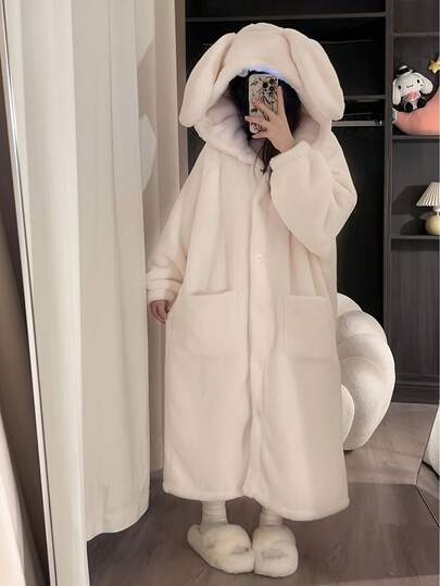 Women'S Winter Robe - Plush Hooded Bathrobe With Bunny Ears, Thick Warm Sleepwear, Cozy Loungewear For Women, Cute Rabbit Costume Party Outfit, Easy-Care Luxury Spa & Home Robe, Ladies Bathrobe, Cold Weather Loungewear, Playful Design, Soft Texture, Comfortable Wear, Warm Sleepwear, Cartooninspired Design, Durable Construction, Adult Sleepwear, Sleepwear, Animal Pajamas, Winter Pajamas, Sleepwear For Women, Women'S Nightgown, Women'S Night Robe