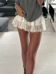 Women's Y2k Lace Half Slip Skirt Elastic Waist Low Rise Pleated Ruffle Lace Trim Mini Skirt Layered Flowy Short Skirts Underskirt Cute Lingerie Skirts Streetwear - 白色 - 查看 5