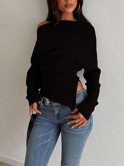 Elegant Fashion Casual Asymmetric Shoulder Knit Sweater, Slim Fit Asymmetrical Pullover For Daily Commute