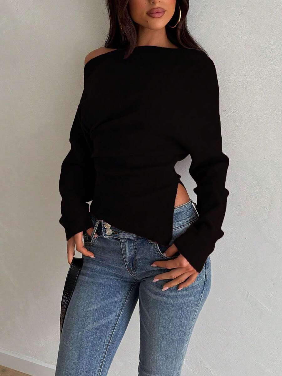 Glamful Elegant Fashion Minimalist Casual Sweater, Asymmetrical Shoulder Fitted Slim Knit Pullover For Women, Suitable For Daily Commute