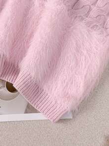 Girly Pink Knitted Sweater With Fuzzy Sleeve Patchwork Design, Casual Women Winter Pullover - Pink - View 5