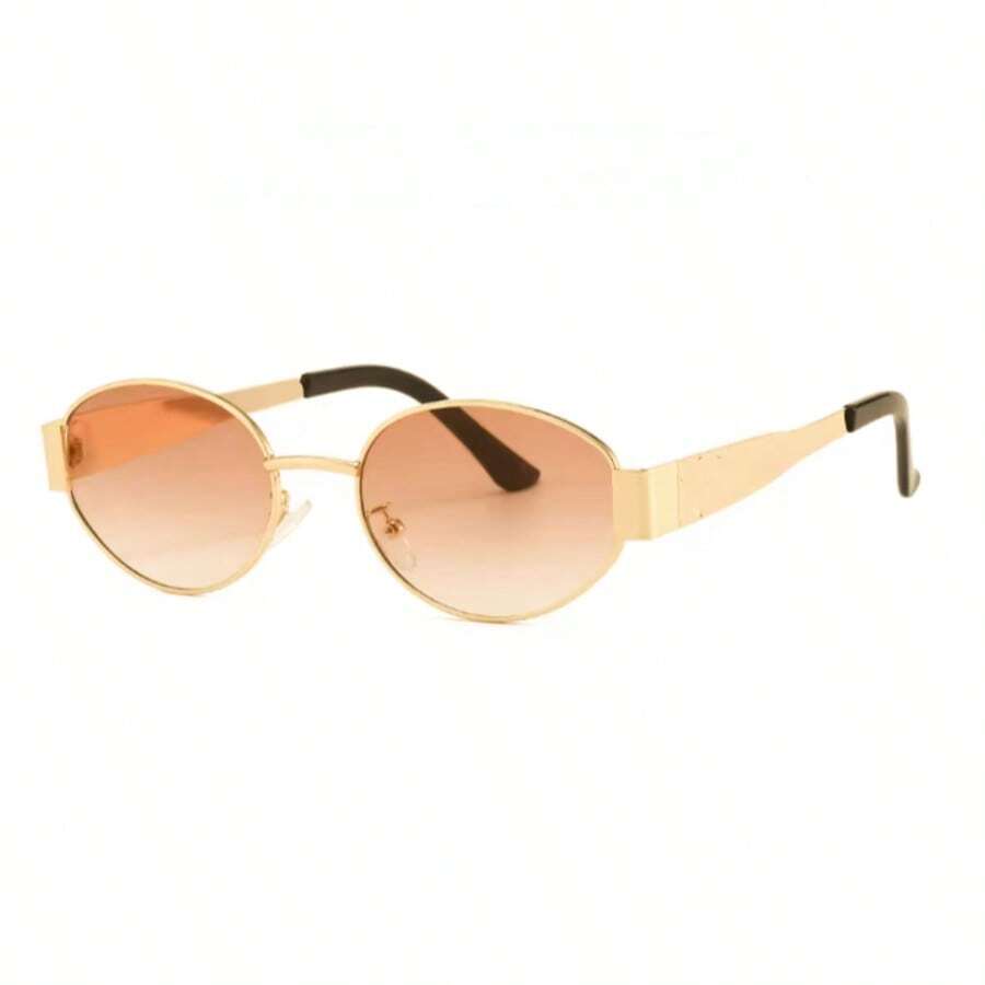 Retro Oval Fashion Metal Glasses, Classic Design For Outdoor, Travel, Beach, Casual, Summer Sun Protection, Preppy Style For Back To School, Shield Shape - Màu be - Xem 1