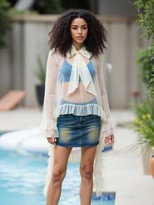 Women's Ruffled Tops Bow Tie Design Stylish Solid See Through Loose Fit V Neck Long Sleeve Blouses Perfect For Summer - Ivory White - View 5