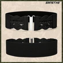 Vintage Stretchy Wide Elastic Belt With Gold Buckle For Women - 黑色(銀色扣) - 查看 2