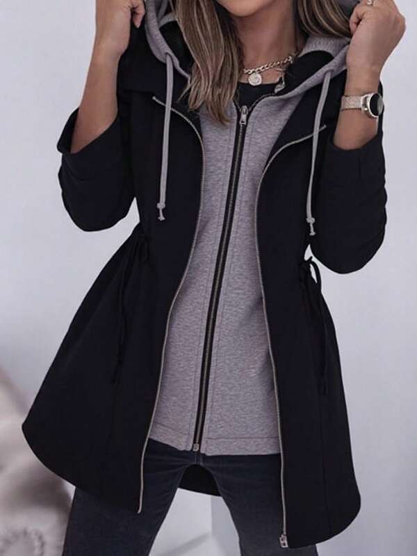 Women Fashion Coats Zipper Patchwork Winter Solid Long Sleeve Coat Fly Hooded Space Plus Thick