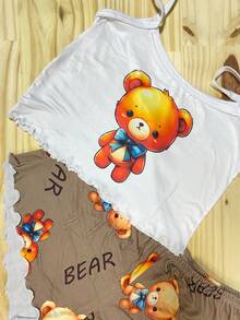 Stitch Cropped Pajamas And Sexy Women's Babydoll Shorts - Rust Brown - View 2