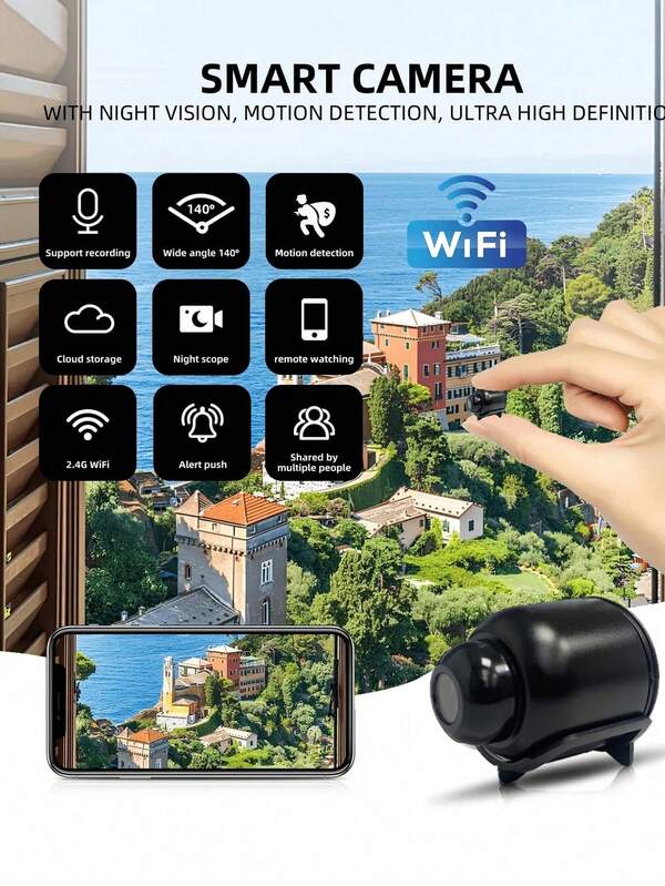 1080P Wide Angle Smart Home Night Vision WIFI Camera, Wireless Surveillance Remote Network HD Night Vision Mini Camera, Motion Detection, Support TF Card, Suitable For Indoor And Outdoor Home Office