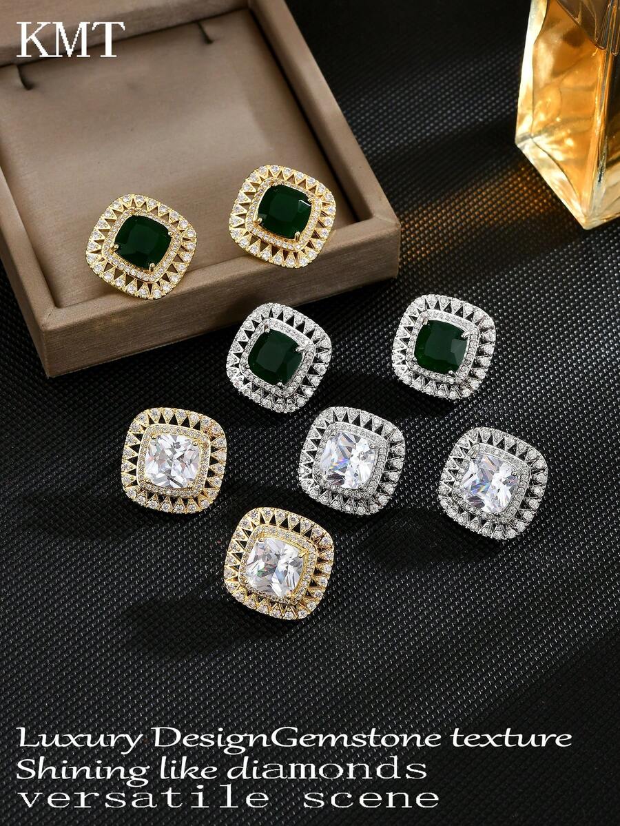 1 Pair Copper Plated Cubic Zirconia Stud Earrings, Luxurious, Multi-Color Options, Suitable For Party, Banquet, Daily Wear, Great Gift