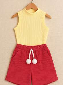 Children's And Youth Set Basic Tank Top + Ribbed Shorts With Pompom Super Stylish 2-Piece Kit For Girls And Teenagers Spring Summer CJI039 - Baby Pink and Yellow - View 2