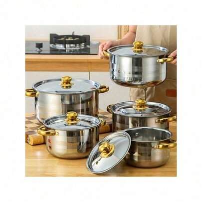5pcs Stainless Steel Cookware Set - Multi-Function Soup Pot With Lid, Increased Capacity Design, Non-Stick And Scratch-Resistant, Suitable For All Stove Types, Dishwasher - Ideal For Healthy Cooking