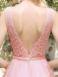 Babyonlinedress Elegant Romantic Tulle Beaded Prom Dresses For Women Lace Applique Formal Evening Dresses Backless A-Line Puffy Ball Gown Wedding Party Graduation Party Wedding, Bridesmaid, Pegeant, Familiy Gathering, Festivals, Birthday Party Graduation, Canding, Dinner, Holiday - 淺粉色 - 查看 3