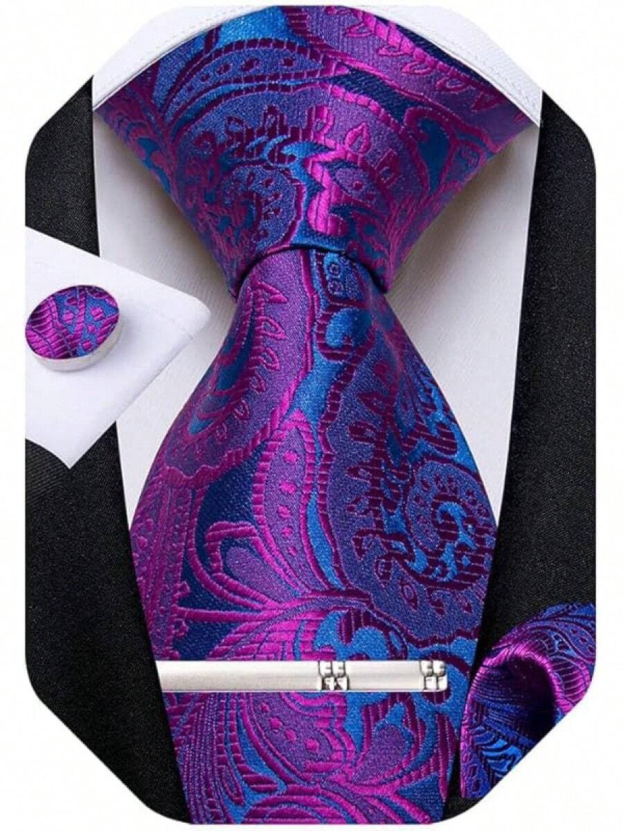 Silk Floral Necktie Set With Tie Clip, Handkerchief & Cufflinks - Hot Pink and Blue - View 1