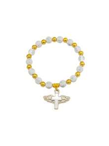 Set cadou brățară rozariu cu cruce și aripi de înger, 72 buc/24 seturi - Include brățară, pungă cadou și etichetă de mulțumire, pandantiv cruce cu brățară rozariu cu mărgele acrilice cu aripi de înger pentru femei și bărbați, botez, comuniune, nuntă, petrecere, Crăciun, cadou mic, en-gros (36/72 buc)