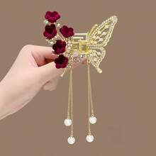 Elegant Rose Butterfly Hairpin With Red Roses And Embellishments - Japanese And Korean Style Wedding Party Ball Light Ladies Hair Accessories, Party Headwear Decoration - Đỏ - Xem 2