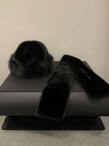 2pcs Women's Luxury Fluffy Bucket Hat And Scarf Set, Thick Faux Fox Fur Trim Bucket Hat , Ear Warmer Hats, Multi-Functional Winter Accessory Valentines Gift