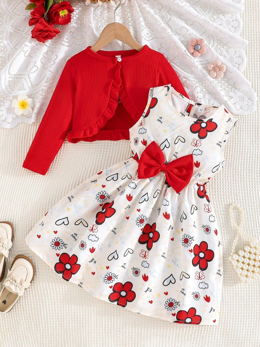 2pcs Girls Spring/Autumn Ruffled Jacket & Butterfly Floral Print Sleeveless Dress Set, Fashionable & Cute - Rose Red - View 1