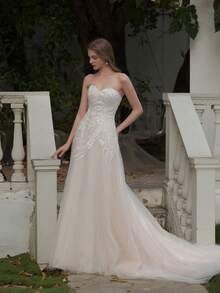 YOUKEFEIER Sweetheart Lace Embroidered Long Wedding Dress For Outdoor Wedding Ceremony - Beige - View 6