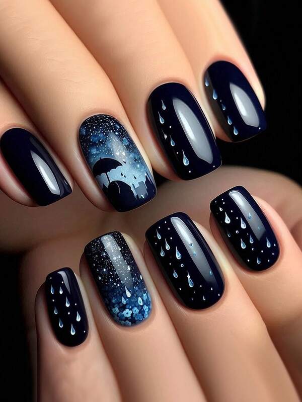 24 pezzi di unghie finte nere alla francese per l'autunno, stile Y2K, di media lunghezza, con motivi geometrici glitterati, a strisce, ombrello, goccia di pioggia, fiore, casa, puntini rotondi, stile semplice, riutilizzabili, unghie acriliche finte, accessori per unghie, con 24 pezzi di linguette in gel e una mini lima inclusi