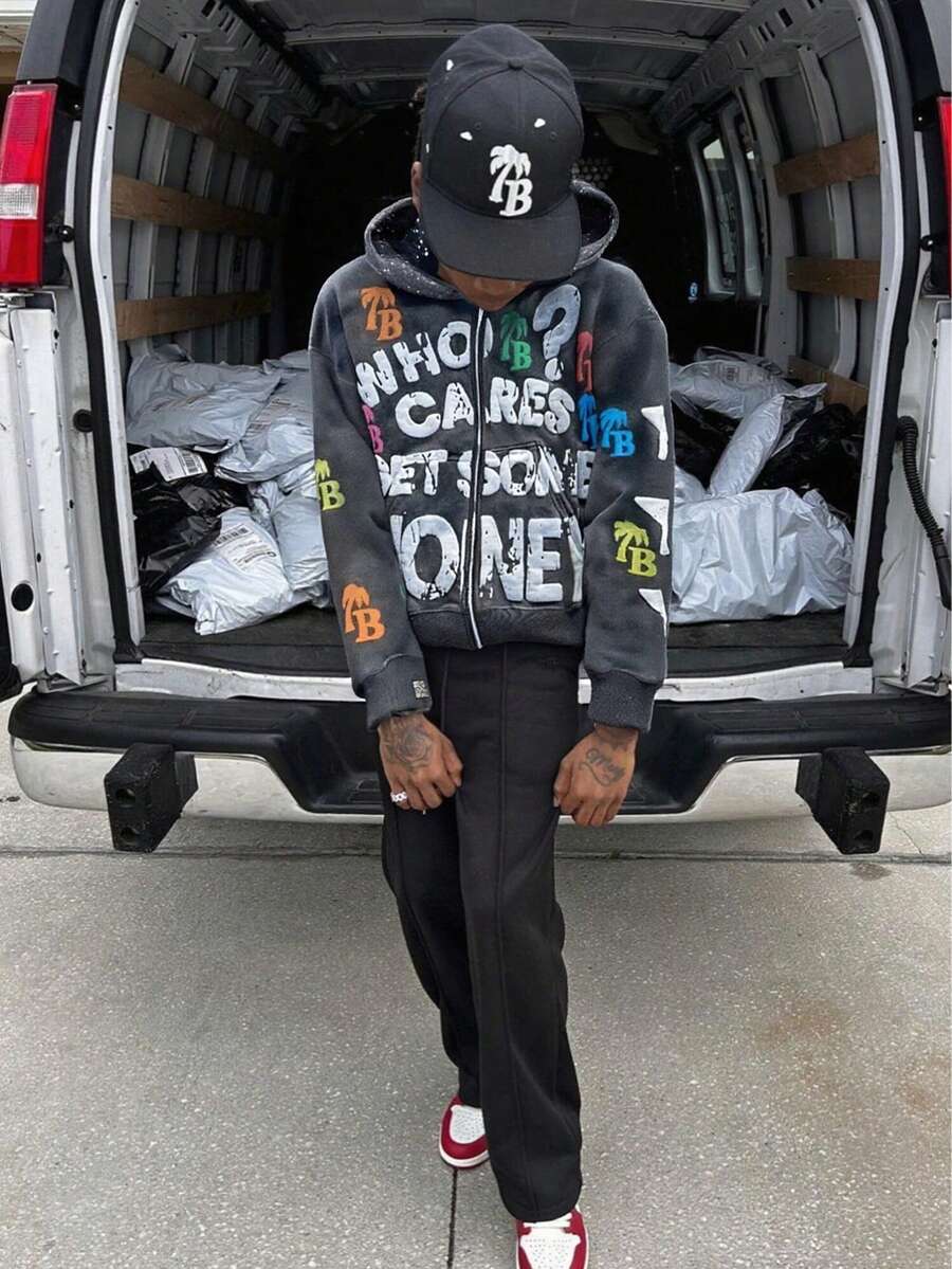 2025 American Style Letter Foam Printed Zip-Up Hoodie For Men, Loose Fit Sweatshirt, Vintage Street Hip-Hop Style - 黑色 - 查看 1