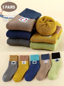 5 双儿童厚款保暖内衬锚形图案中筒保暖袜，秋冬款