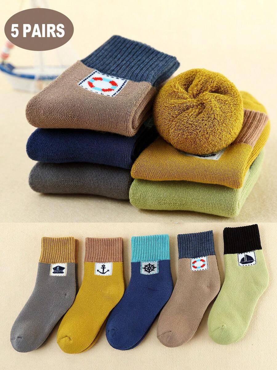 5 双儿童厚款保暖内衬锚形图案中筒保暖袜，秋冬款