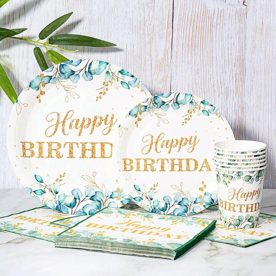 1 set de vaisselle jetable avec motif de feuilles vertes et "Happy Birthday", comprenant assiettes, serviettes et gobelets, convenant pour 8 personnes. Fournitures de fête en papier jetable pour anniversaire, pique-nique en famille.