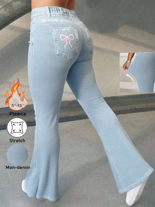 Plus Size Flare Pants With Bow Print, Elastic Waist, Slim Fit, Warm & Stretchy, Versatile Women Pants For Winter