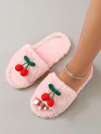 Fall/Winter Fashionable Sweet Candy Color Plush Cherry Thick Sole Anti-Slip Women Indoor Slippers,Christmas Outfits