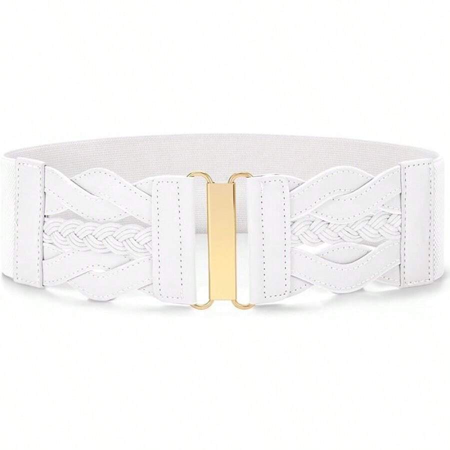 Vintage Stretchy Wide Elastic Belt With Gold Buckle For Women - 白色 - 查看 1