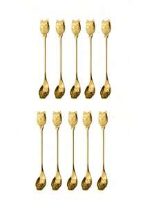 1/5/10 Pcs Creative Stainless Steel Spoons - Cat Paw, Shell, Bull Head, Sunflower Designs, Handmade Mirror Polished Mugs, Coffee & Dessert Spoons - Multicolor - View 19