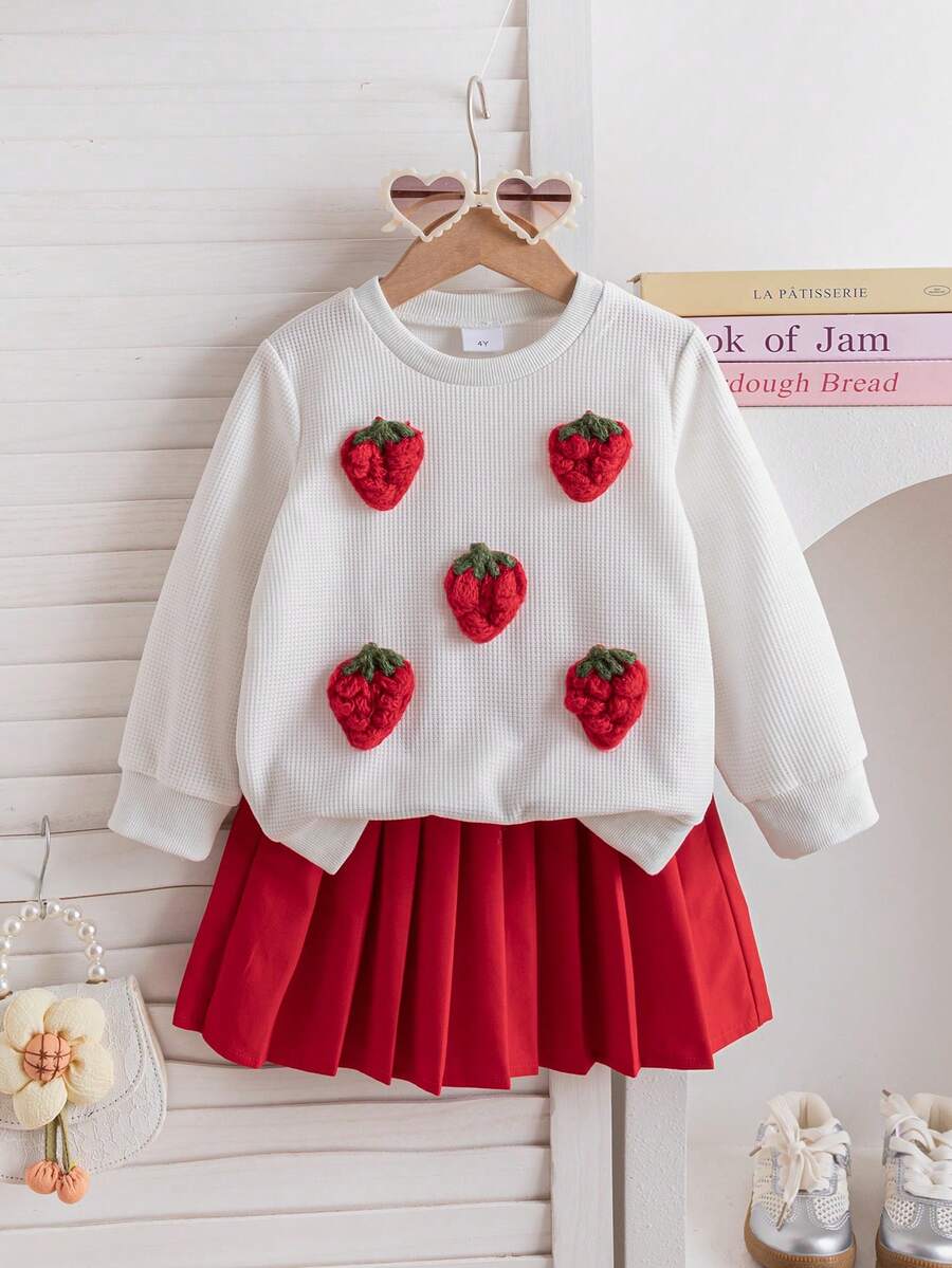 Young Girl Fruit Strawberry Waffle Knit Sweater T-Shirt Top Paired With Fashionable Pleated Skirt 2 Pieces Set, Suitable For Daily, Outdoor, Commute, School, Vacation, Party, Adorable Girl Outfit