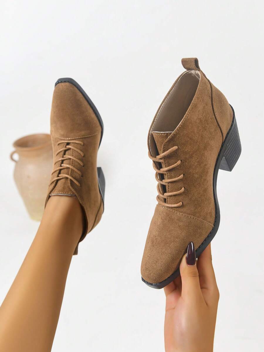 女式粗跟经典卡其色系带踝靴，时尚方头仿麂皮短靴，新款秋冬短靴 - 卡其色 - 查看 1