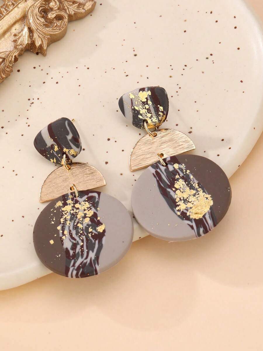 1 Pair Handmade Soft Clay Textured Gold Foil Geometric Patchwork Luxury Party Earrings For Women, Suitable For Gatherings, Travel, Vacation, Gift, Available In Multiple Colors