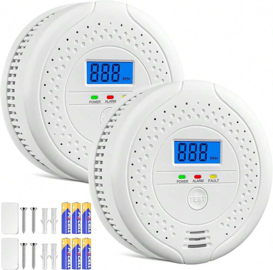 BOJOOM 2pcs Alarma de Detector de Monóxido de Carbono, Alarma de Detector de CO con Pantalla LED y Batería, Bajo Consumo,Largos Periodos Uso,Luminosa y Sonora Simultáneas - WJCO101 - Ver 1