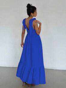 Maxi Vestido de Tirantes Ajustable con Escote en V o Pico Profundo, con Volante en el Bajo Casual para Mujer - Azul - Ver 3