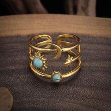Hypoallergenic Retro Golden Sun Moon Star Turquoise Open Bangle, Bohemian Cosmic Style For Daily Wear / Valentine's Day Gift For Girlfriend, Claim My Daily Gift, Local Warehouse, - 金的 - 查看 8