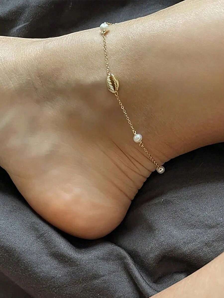 1 pezzo Cavigliera da donna a forma di conchiglia con perle finte, gioiello da piede minimalista e unico