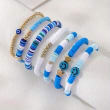 7Pcs/Set Blue & White Friendship Bracelet Set - Star & Evil Eye Charms, Soft Clay Beads In Various Shapes, Elastic Multi-Layer Stacking Style, Ideal For Parties, Daily Wear & Gifting - 藍色混合 - 查看 1