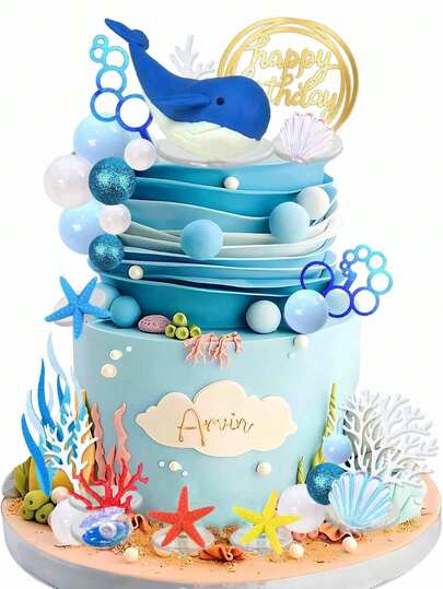 28pcs Ocean Theme Cake Decorations, Mini Whale Cake Decorations, Seaweed Coral Shell Starfish Cake Decorations, Blue And White Foam Ball Cake Decorations, Suitable For Birthday Cake Decorations, Baptism Cake Decorations