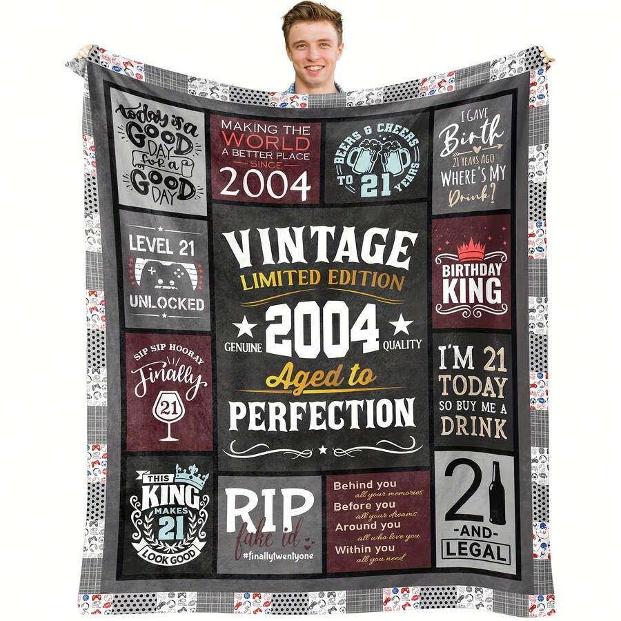 1 pezzo Coperta in flanella vintage edizione limitata 2004 - Divertente regalo di 21° compleanno per lui, figlio o marito - Morbida coperta da gettare utilizzabile tutto l'anno con messaggi divertenti e motivi giocosi - Lavabile in lavatrice, stile contemporaneo, motivo a quadri, multicolore