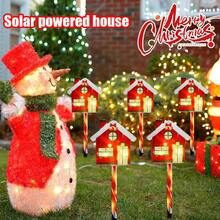 Luces de Navidad solares 5 en 1 (Casa roja/Gorro de Papá Noel) - 8 modos de iluminación Luces decorativas de Navidad/Interruptor de botón, Luces de plástico duradero, Adecuado para exteriores, jardín, centro comercial, caravana, camping, boda, césped, fiesta en el patio trasero, decoración del jardín, decoración navideña