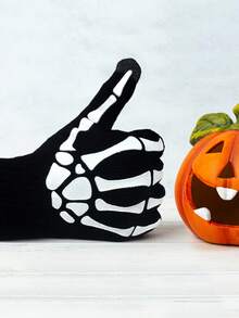 1Paris Halloween Skeleton Gloves, Black White Bone Print Full Finger Gloves, Spooky Cosplay Party Costume Accessories For Adults Kids